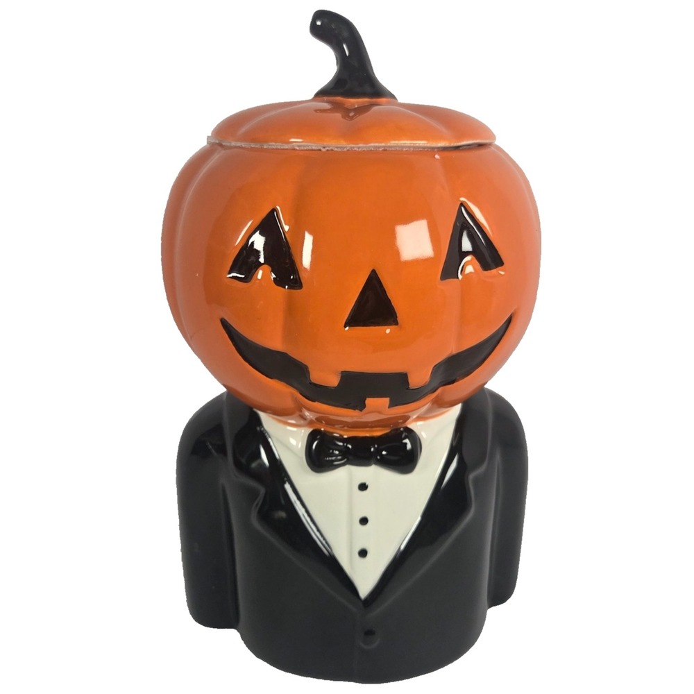 Halloween Pumpkin Butler Cookie Jar 10.5 Inch Ceramic Jack O Lantern Tuxedo